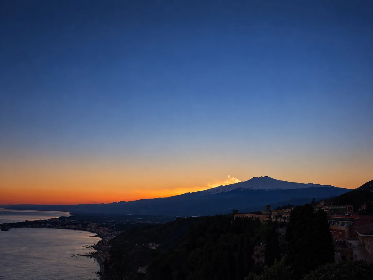The outline of Mount Etna at sunset